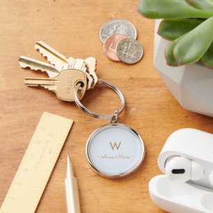 Porte-clés Monogramme minimaliste d'or bleu pâle moderne
