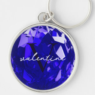 Porte-clés Monogramme moderne Nom Sapphire initial Blue Premi