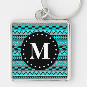 Porte-clés Monogramme Motif Aqua Blue Tribal Chevron
