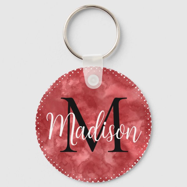 Porte-clés Monogramme Nom personnalisé initial Aquarelle roug (Verso)