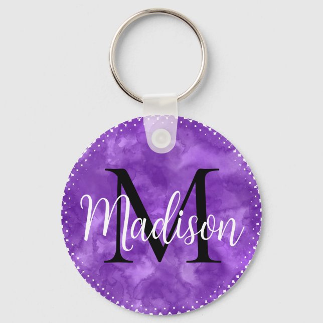 Porte-clés Monogramme Nom personnalisé initial Aquarelle viol (Verso)