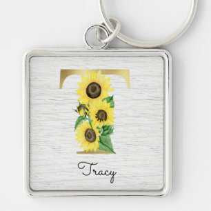 Porte-clés Monogramme Or Soleil Doré Féminin Floral Initial T