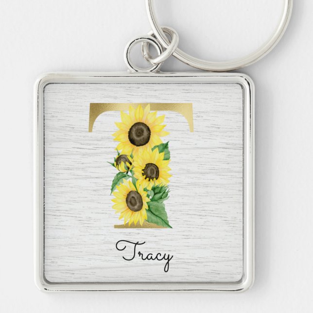 Porte-clés Monogramme Or Soleil Doré Féminin Floral Initial T (Devant)