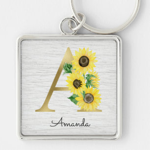 Porte-clés Monogramme Or Soleil Doré Féminin Floral Initiale