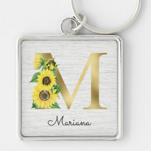 Porte-clés Monogramme Or Soleil Doré Féminin Floral Initiale
