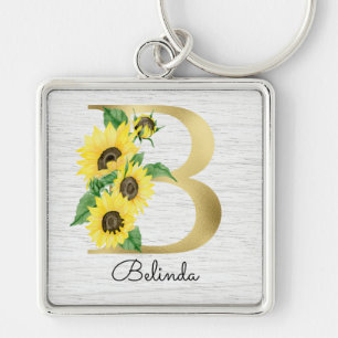 Porte-clés Monogramme Or Soleil Doré Féminin Floral Initiale