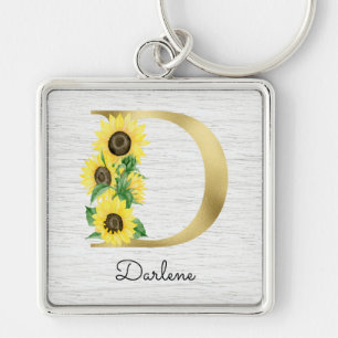 Porte-clés Monogramme Or Soleil Doré Girly Floral Initial D
