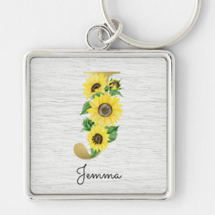 Porte-clés Monogramme Or Soleil Doré Girly Floral Initiale J