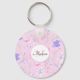 Porte-clés Monogramme papillons floraux aquarelle rose