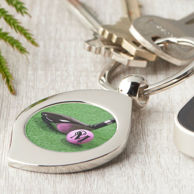 Porte-clés Monogramme personnalisé Fancy Script Pink Golf Bal (Créateur téléchargé)