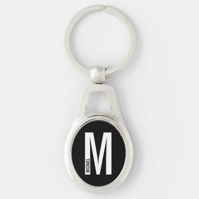 Porte-clés Monogramme personnalisé moderne noir et nom (Devant)