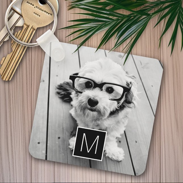 Porte-clés Monogramme personnalisé noir et blanc 1 photo Coll (Personalized keychain - Photo Collage)
