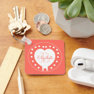 Porte-clés Monogramme personnalisé Nom Coral Coeur blanc