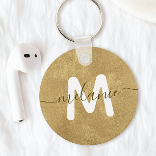 Porte-clés Monogramme personnalisé Nom Feuille d'Or Luxe