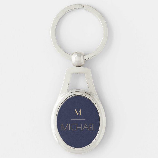 Porte-clés Monogramme Personnalisé | Nom Navy & Or   (Devant)