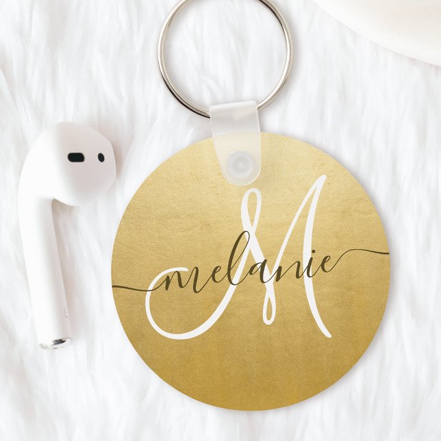 Porte-clés Monogramme personnalisé Nom Script Tendance Feuill (Créateur téléchargé)