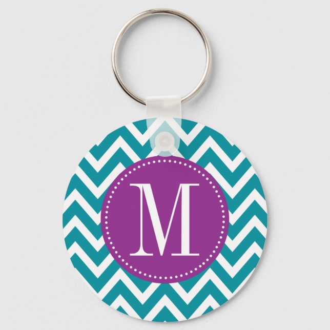 Porte-clés Monogramme personnalisé pourpre et bleu Chevron (Recto)