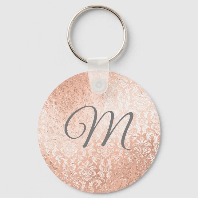 Porte-clés Monogramme personnalisé Rose Gold Damask (Recto)