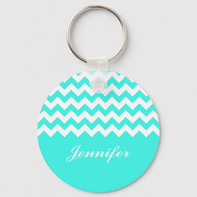 Porte-clés Monogramme personnalisé Turquoise Chevron (Recto)