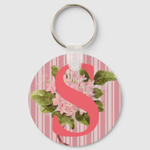 Porte-clés Monogramme Rose Hydrangea Fleurs Gris Girly