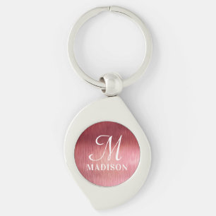 Porte-clés Monogramme rose métallique Nom personnalisé textur