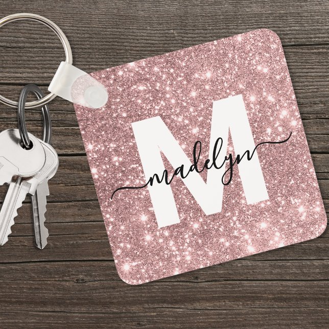 Porte-clés Monogramme rose Parties scintillant or (Rose Gold Glitter Monogram keychain)
