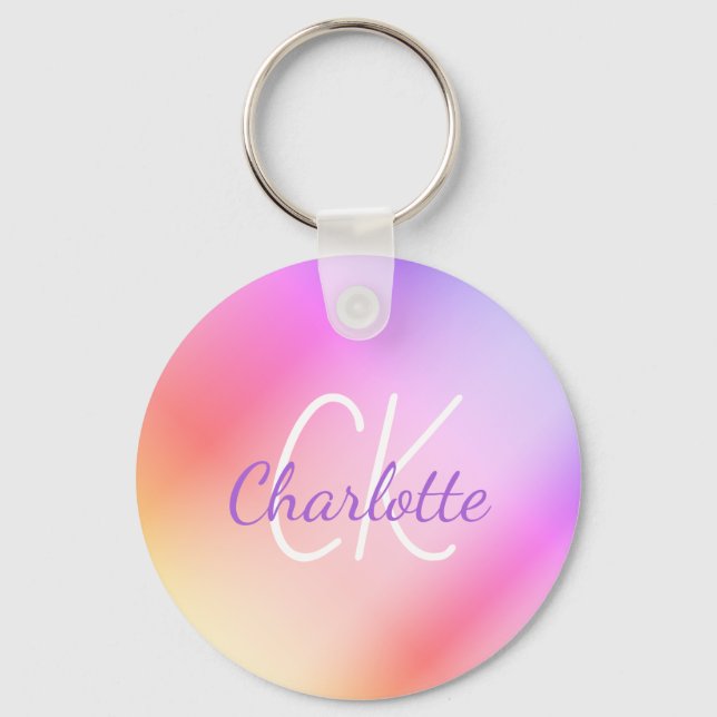 Porte-clés monogramme rose violet nom holographique (Recto)