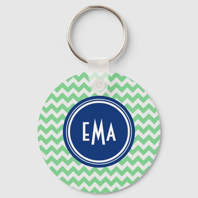 Porte-clés Monogramme vert et blanc Motif géométrique Chevron (Recto)