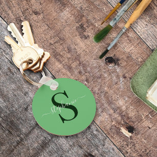 Porte-clés Monogramme vert moderne simple Premier nom