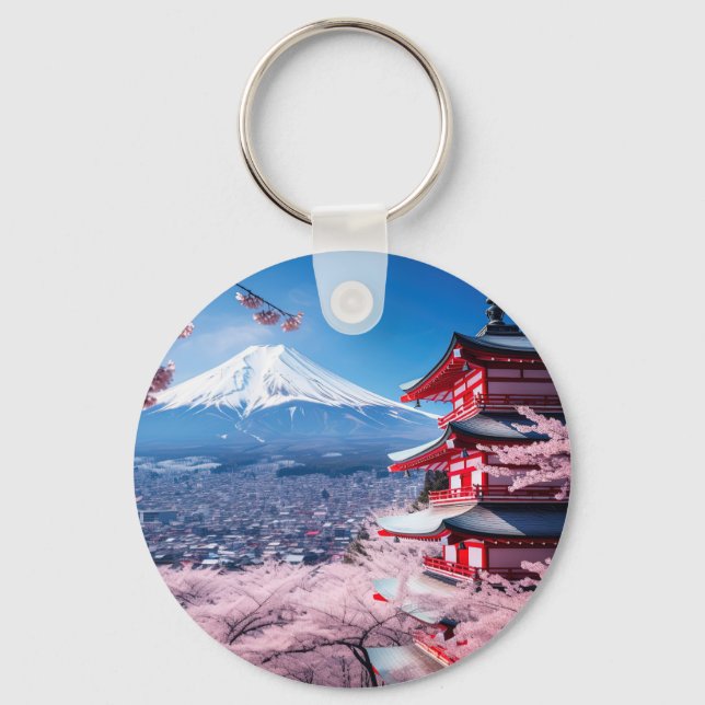 Porte-clés Mont Fuji peint en saison de cerisier en fleurs  (Recto)