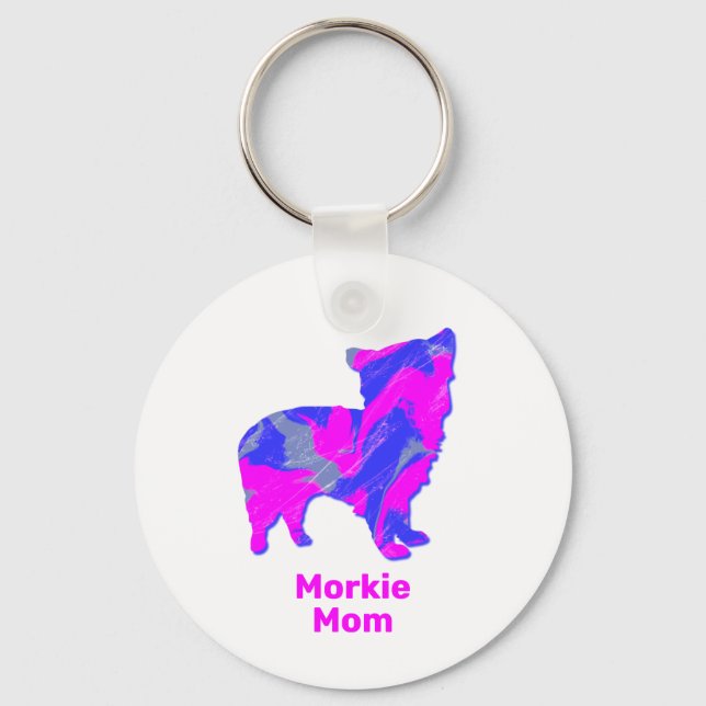 Porte-clés Morkie Chien Silhouette rose chaud et bleu (Recto)