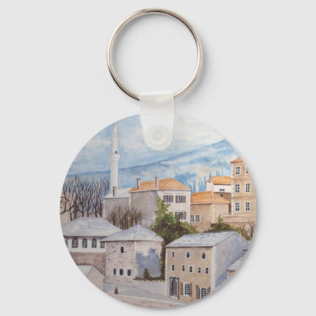 Porte-clés Mostar, Bosnie - Peinture Townscape Acrylique (Recto)