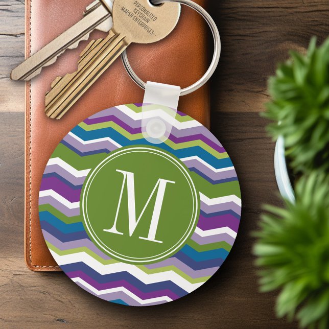 Porte-clés Motif Chevron vert et violet avec Monogramme (Personalized Keychain - Add Name or Monogram)
