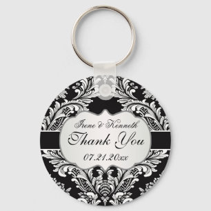 Porte-clés Motif damassé blanc feuillu sur un Mariage noir