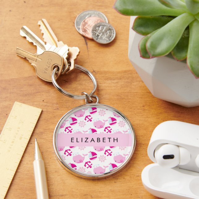 Porte-clés Motif De Baleines, Baleines Roses, Votre Nom (Bureau)