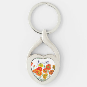 Porte-clés Motif de fleur de pavot rouge orange Merci
