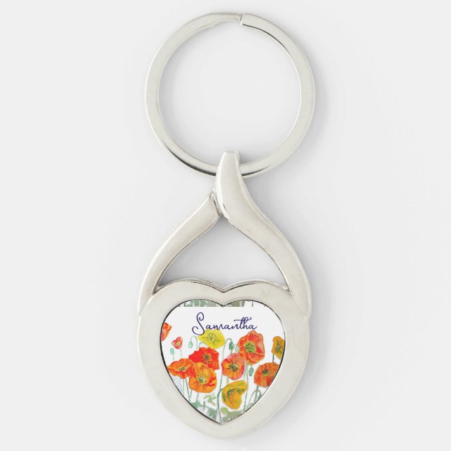 Porte-clés Motif de fleur de pavot rouge orange Merci (Devant)