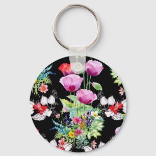 Porte-clés Motif de fleurs d'été colorées de pavot