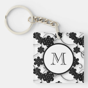 Porte-clés Motif de fleurs noir mignon de mod, votre initiale