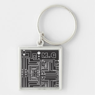 Porte-clés Motif de labyrinthe noir et blanc monogrammé