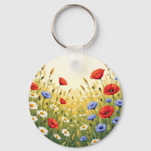 Porte-clés Motif de pavot de prairie de fleurs sauvages