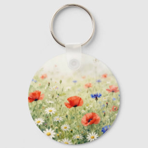 Porte-clés Motif de pré de coquelicot de marguerite de bleuet