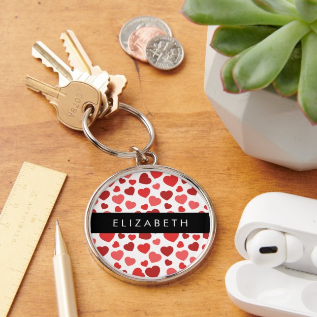 Porte-clés Motif Des Coeurs, Coeurs Rouges, Votre Nom (Bureau)