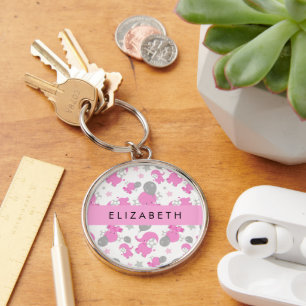 Porte-clés Motif Des Eléphants Roses, Étoiles, Votre Nom