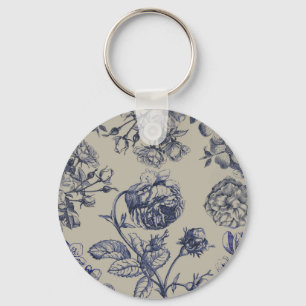 Porte-clés Motif Floral Botanique Toile Bleue Vintage Antique
