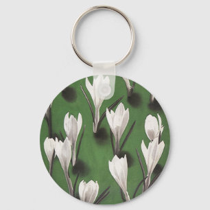 Porte-clés Motif floral de crocus blanc vintage, fleur de jar
