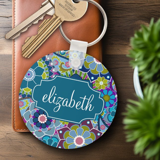 Porte-clés Motif floral funky avec nom personnalisé (Personalized Keychain - Add Name or Monogram)