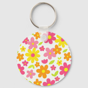 Porte-clés Motif floral rose et jaune rétro d'été lumineux