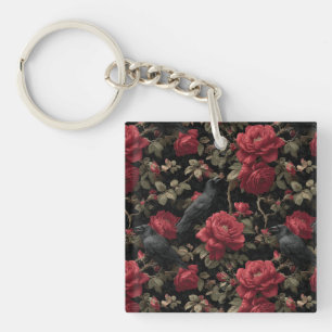 Porte-clés Motif gothique avec roses rouges et corbeaux