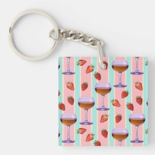 Porte-clés Motif pastel avec verres à vin et fraises des prés